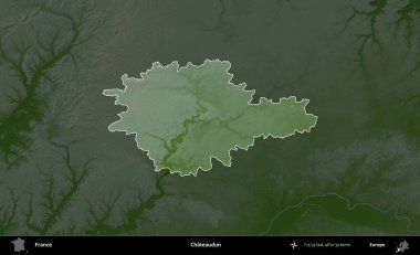 Chateaudun. Fransa 'nın idari alanı koyu renkli bir yükseklik haritasına vurgulandı ve özetlendi