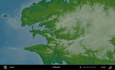 Chateaulin. Renkli bir yükseklik haritasında Fransa 'nın ana yönetim alanı belirtilmiş