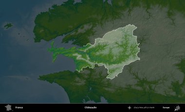 Chateaulin. Fransa 'nın idari alanı koyu renkli bir yükseklik haritasına vurgulandı ve özetlendi