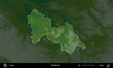 Chatellerault. Fransa 'nın idari alanı koyu renkli bir yükseklik haritasına vurgulandı ve özetlendi
