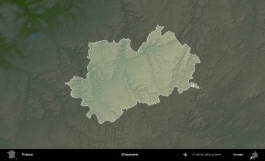Chaumont. Fransa 'nın idari alanı koyu renkli bir yükseklik haritasına vurgulandı ve özetlendi