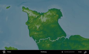 Cherbourg 'da. Renkli bir yükseklik haritasında Fransa 'nın ana yönetim alanı belirtilmiş