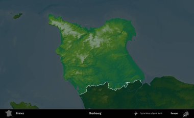 Cherbourg 'da. Fransa 'nın idari alanı koyu renkli bir yükseklik haritasına vurgulandı ve özetlendi