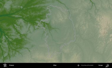 - Cher. Renkli bir yükseklik haritasında Fransa 'nın ana yönetim alanı belirtilmiş