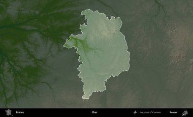 - Cher. Fransa 'nın idari alanı koyu renkli bir yükseklik haritasına vurgulandı ve özetlendi
