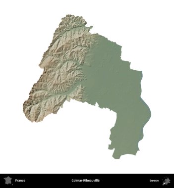 Colmar-Ribeauville 'de. Fransa 'nın idari bölgesi renkli bir yükseklik haritasında beyaza izole edilmiş