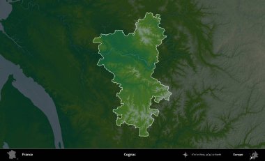 Konyak mı? Fransa 'nın idari alanı koyu renkli bir yükseklik haritasına vurgulandı ve özetlendi
