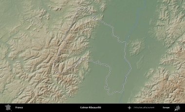 Colmar-Ribeauville 'de. Renkli bir yükseklik haritasında Fransa 'nın ana yönetim alanı belirtilmiş