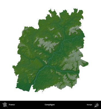 Compiegne. Fransa 'nın idari bölgesi renkli bir yükseklik haritasında beyaza izole edilmiş