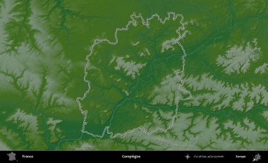Compiegne. Renkli bir yükseklik haritasında Fransa 'nın ana yönetim alanı belirtilmiş