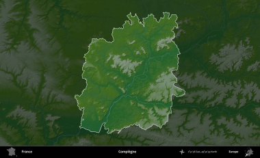 Compiegne. Fransa 'nın idari alanı koyu renkli bir yükseklik haritasına vurgulandı ve özetlendi