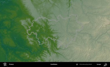Confolens. Renkli bir yükseklik haritasında Fransa 'nın ana yönetim alanı belirtilmiş