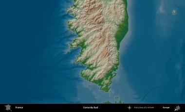 Corse-du-Sud. Renkli bir yükseklik haritasında Fransa 'nın ana yönetim alanı belirtilmiş