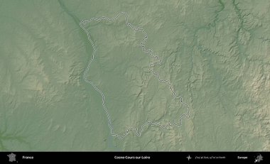 Cosne-Cours-sur-Loire. Renkli bir yükseklik haritasında Fransa 'nın ana yönetim alanı belirtilmiş