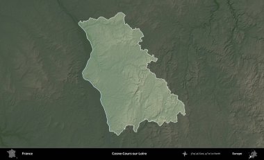 Cosne-Cours-sur-Loire. Fransa 'nın idari alanı koyu renkli bir yükseklik haritasına vurgulandı ve özetlendi