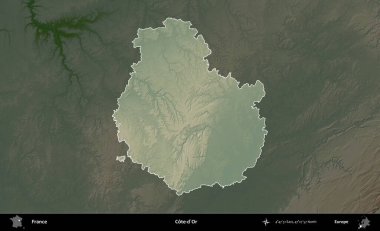 Cote-d'Or. Fransa 'nın idari alanı koyu renkli bir yükseklik haritasına vurgulandı ve özetlendi