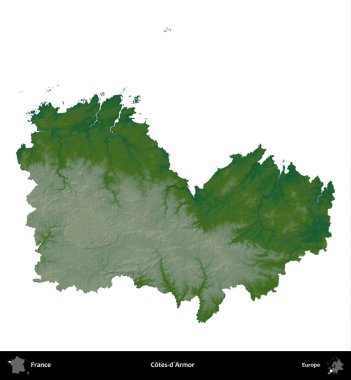 Cotes-d'Armor. Fransa 'nın idari bölgesi renkli bir yükseklik haritasında beyaza izole edilmiş