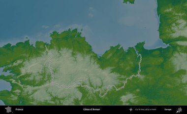 Cotes-d'Armor. Renkli bir yükseklik haritasında Fransa 'nın ana yönetim alanı belirtilmiş