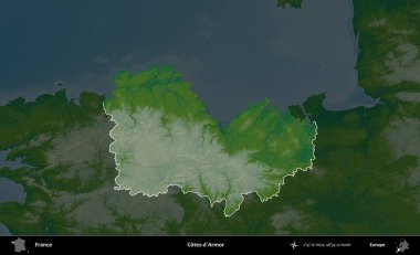 Cotes-d'Armor. Fransa 'nın idari alanı koyu renkli bir yükseklik haritasına vurgulandı ve özetlendi