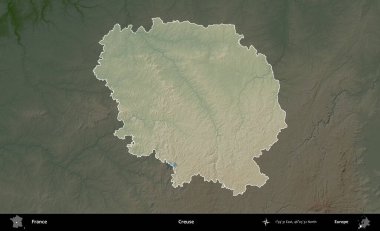 Creuse. Fransa 'nın idari alanı koyu renkli bir yükseklik haritasına vurgulandı ve özetlendi