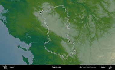 Deux-Sevres. Renkli bir yükseklik haritasında Fransa 'nın ana yönetim alanı belirtilmiş