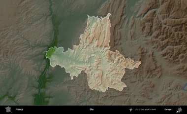 Öl! Fransa 'nın idari alanı koyu renkli bir yükseklik haritasına vurgulandı ve özetlendi