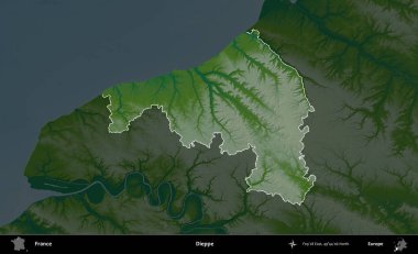 Dieppe. Fransa 'nın idari alanı koyu renkli bir yükseklik haritasına vurgulandı ve özetlendi