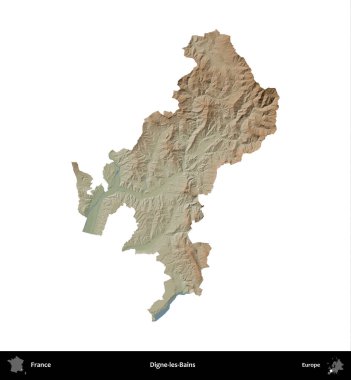 Digne-les-Bains. Fransa 'nın idari bölgesi renkli bir yükseklik haritasında beyaza izole edilmiş