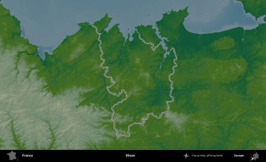 Dinan. Renkli bir yükseklik haritasında Fransa 'nın ana yönetim alanı belirtilmiş