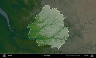 Dordogne. Fransa 'nın idari alanı koyu renkli bir yükseklik haritasına vurgulandı ve özetlendi