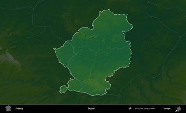 Douai. Fransa 'nın idari alanı koyu renkli bir yükseklik haritasına vurgulandı ve özetlendi