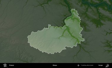 Dreux. Fransa 'nın idari alanı koyu renkli bir yükseklik haritasına vurgulandı ve özetlendi