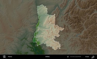 Drome. Fransa 'nın idari alanı koyu renkli bir yükseklik haritasına vurgulandı ve özetlendi