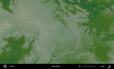 Eure-et-Loir. Renkli bir yükseklik haritasında Fransa 'nın ana yönetim alanı belirtilmiş