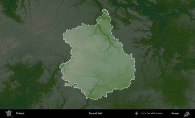 Eure-et-Loir. Fransa 'nın idari alanı koyu renkli bir yükseklik haritasına vurgulandı ve özetlendi