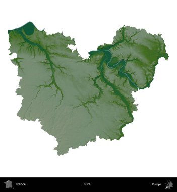 Eure. Fransa 'nın idari bölgesi renkli bir yükseklik haritasında beyaza izole edilmiş