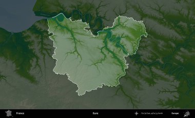 Eure. Fransa 'nın idari alanı koyu renkli bir yükseklik haritasına vurgulandı ve özetlendi