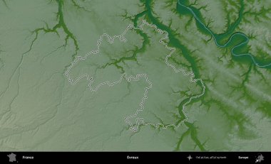 Evreux. Renkli bir yükseklik haritasında Fransa 'nın ana yönetim alanı belirtilmiş