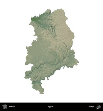 Figeac. Fransa 'nın idari bölgesi renkli bir yükseklik haritasında beyaza izole edilmiş