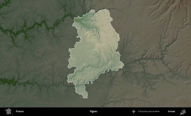 Figeac. Fransa 'nın idari alanı koyu renkli bir yükseklik haritasına vurgulandı ve özetlendi