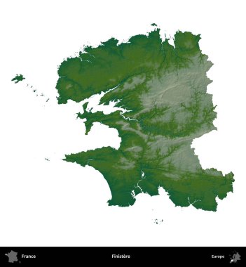 Finistere. Fransa 'nın idari bölgesi renkli bir yükseklik haritasında beyaza izole edilmiş