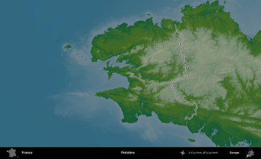 Finistere. Renkli bir yükseklik haritasında Fransa 'nın ana yönetim alanı belirtilmiş