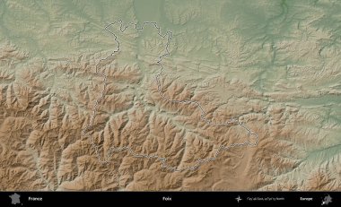 Foix. Renkli bir yükseklik haritasında Fransa 'nın ana yönetim alanı belirtilmiş