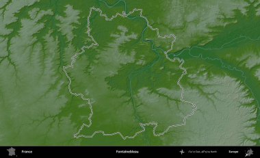 Fontainebleau. Renkli bir yükseklik haritasında Fransa 'nın ana yönetim alanı belirtilmiş