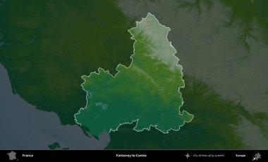 Fontenay-le-Comte. Fransa 'nın idari alanı koyu renkli bir yükseklik haritasına vurgulandı ve özetlendi