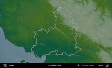 Fontenay-le-Comte. Renkli bir yükseklik haritasında Fransa 'nın ana yönetim alanı belirtilmiş