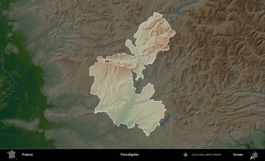 Biraz daha sessiz. Fransa 'nın idari alanı koyu renkli bir yükseklik haritasına vurgulandı ve özetlendi