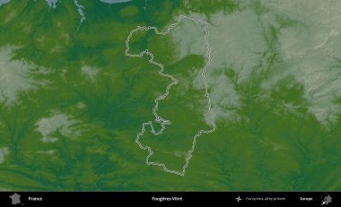 Fougeres-Vitre. Renkli bir yükseklik haritasında Fransa 'nın ana yönetim alanı belirtilmiş