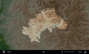 Boşluk. Fransa 'nın idari alanı koyu renkli bir yükseklik haritasına vurgulandı ve özetlendi