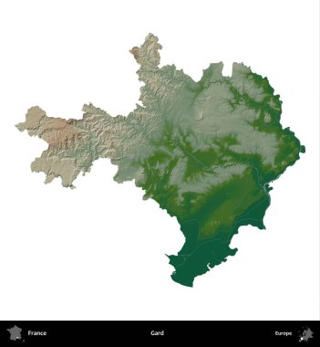 Gard. Fransa 'nın idari bölgesi renkli bir yükseklik haritasında beyaza izole edilmiş
